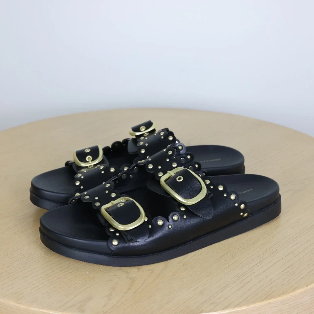 American Eagle Scalloped Studded Double Buckle Slide Sandals Women's 8 Summer